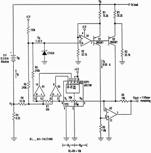 Figure 2. Translation of estimated battery charge to estimated life expectancy is accomplished by making A2&#8217;s transimpedance gain variable (inversely proportional to I<sub>B</sub>) instead of fixed as in Figure 1